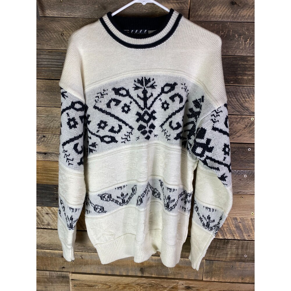 Vintage NUOVO NEW FORCES Men's L Sweater 80s 90s Fair Isle Knit Wool Blend Cream